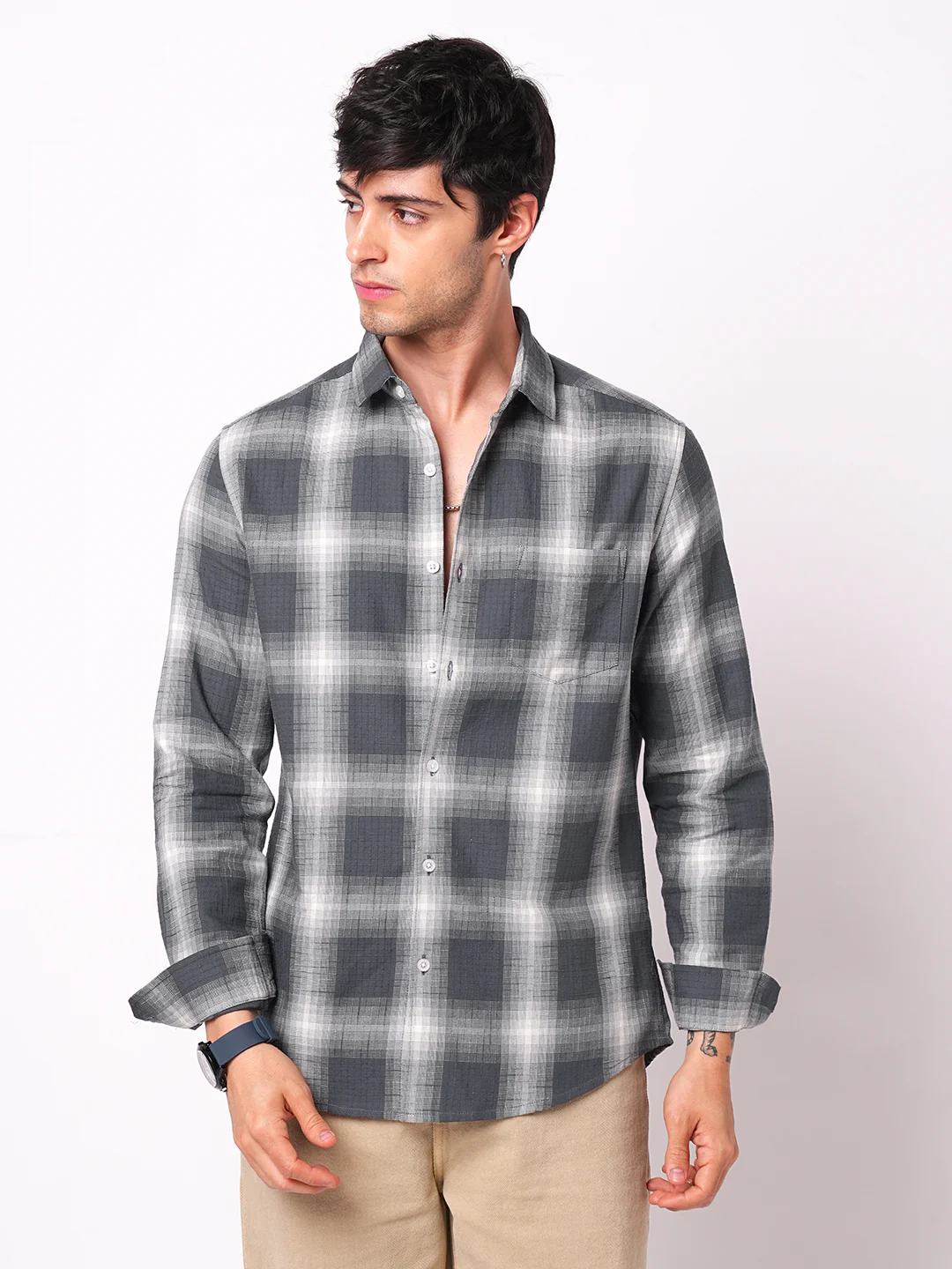 Premium Cotton Grey & White Box Checks Textured Shirt - Image 5