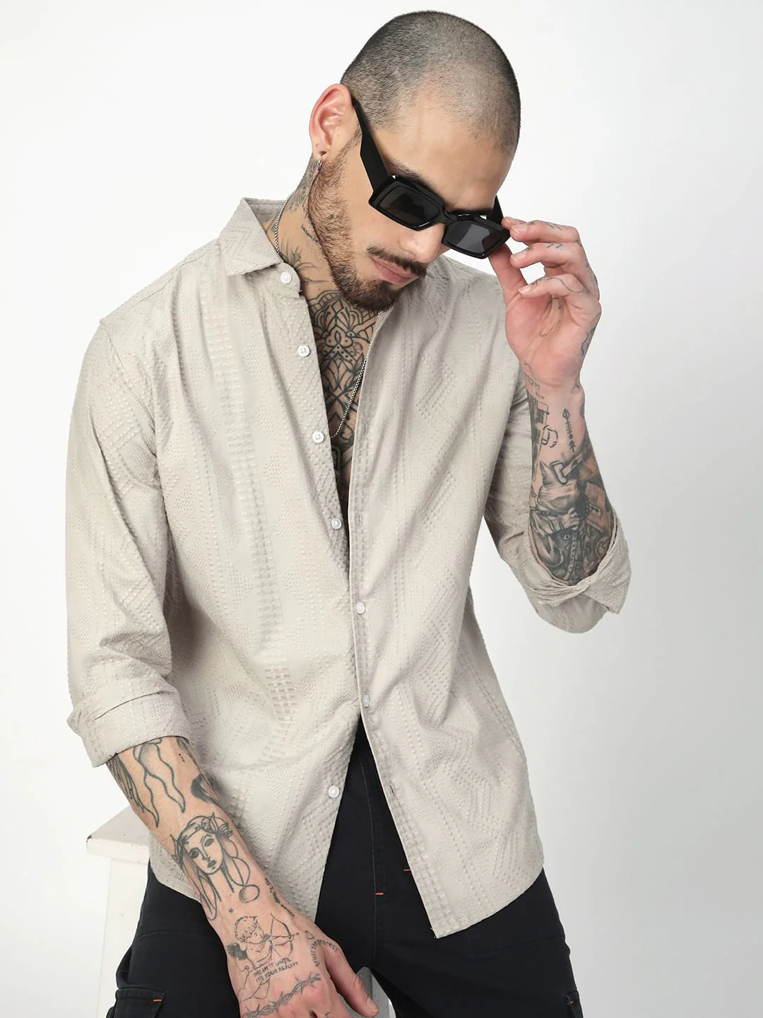 Premium Cotton Harbour Grey Geometric Embroidered Shirt