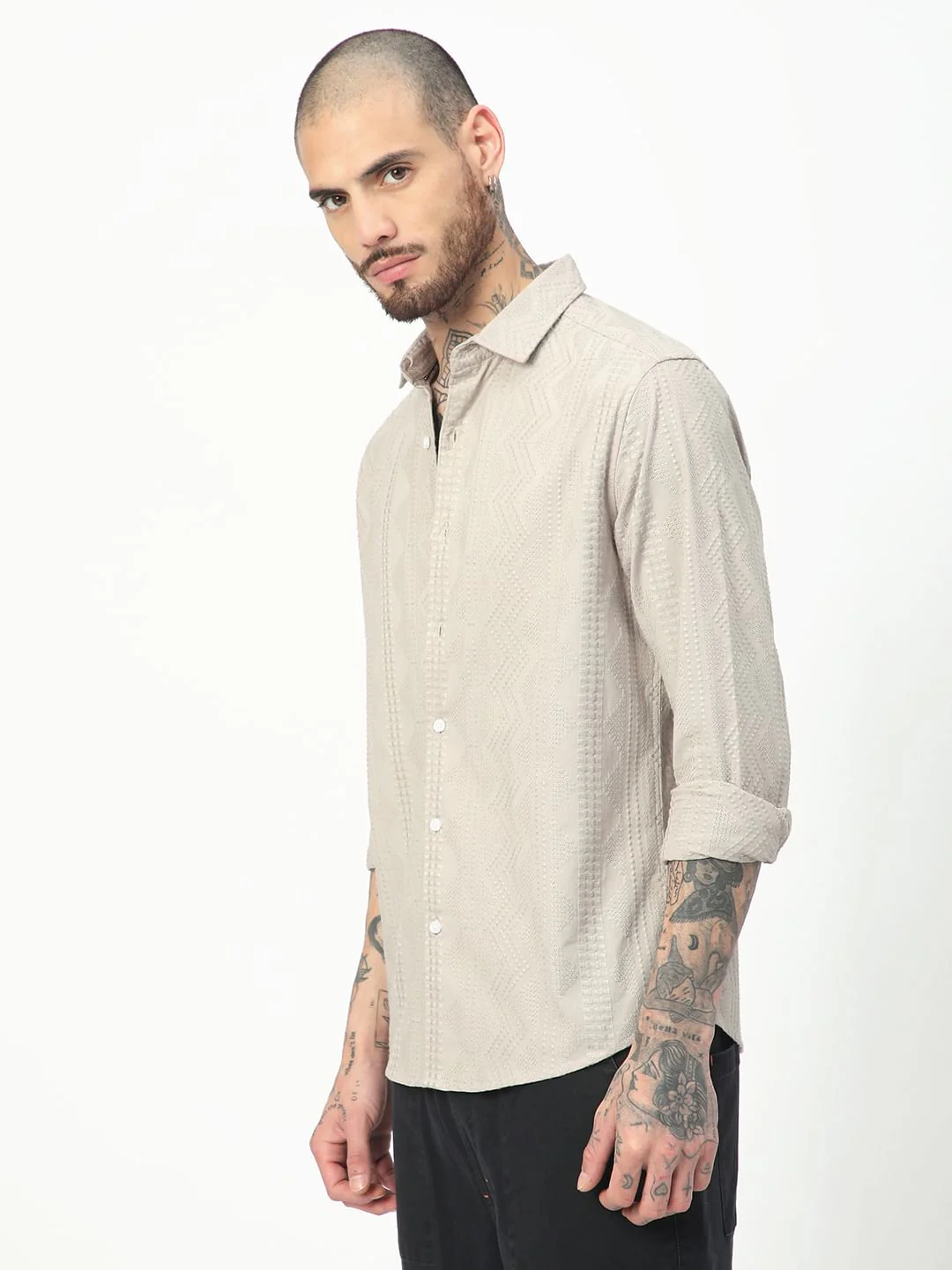 Premium Cotton Harbour Grey Geometric Embroidered Shirt - Image 6