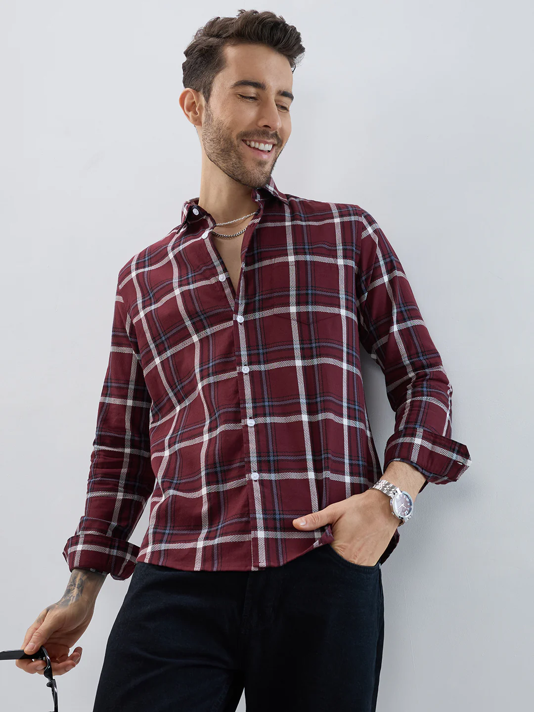 Premium Cotton Maroon Herringbone Tartan Checked Shirt - Image 2