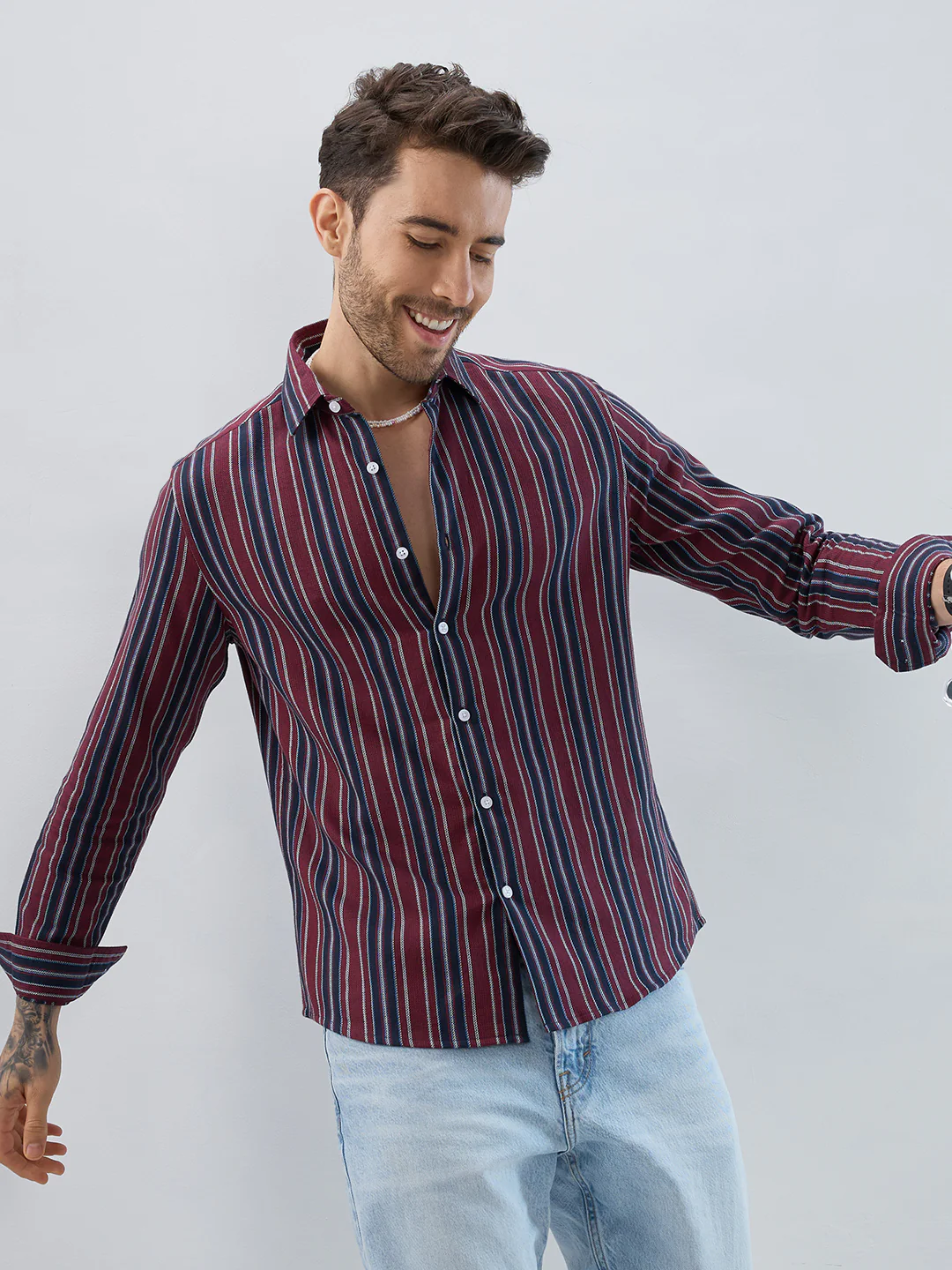 Premium Cotton Maroon & Navy Balanced Striped Shirt - Image 2