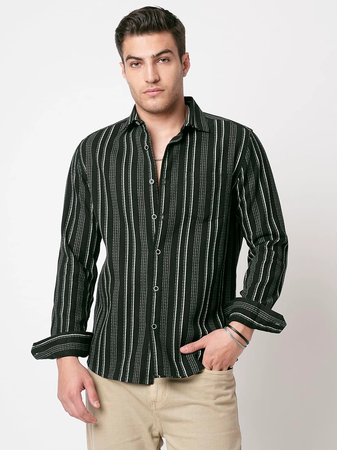 Premium Cotton Olive Pencil Striped Waffle Shirt - Image 5