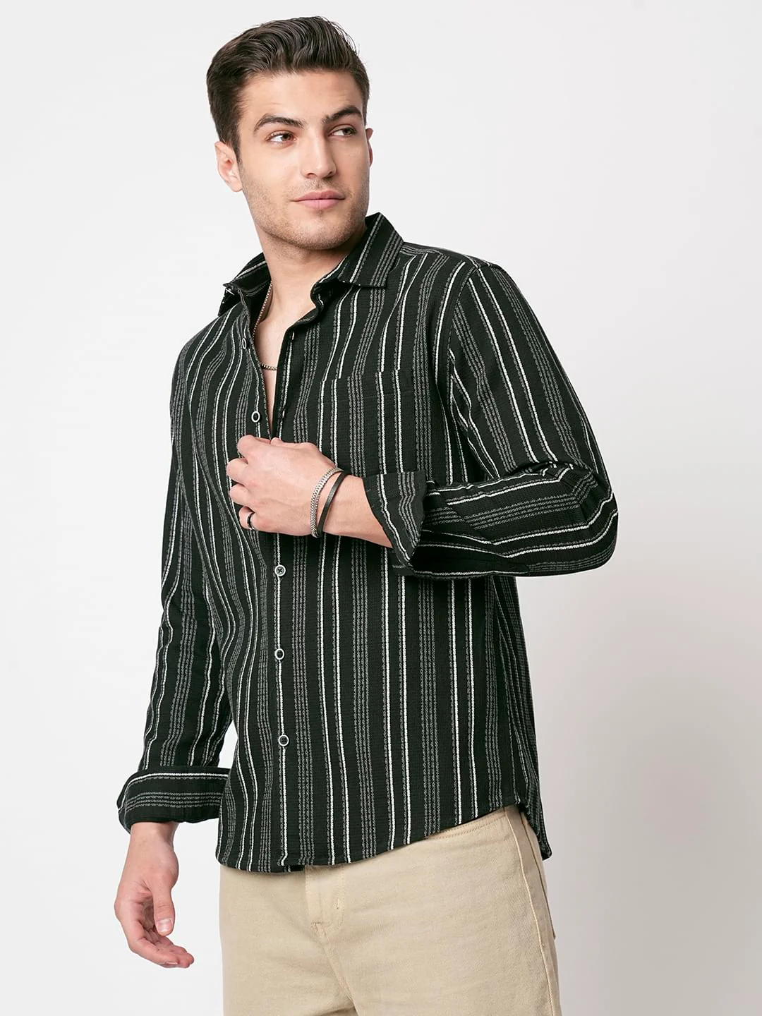 Premium Cotton Olive Pencil Striped Waffle Shirt - Image 6