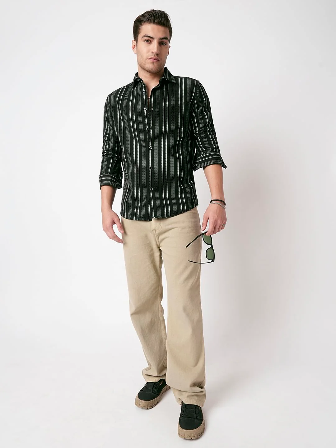 Premium Cotton Olive Pencil Striped Waffle Shirt - Image 8