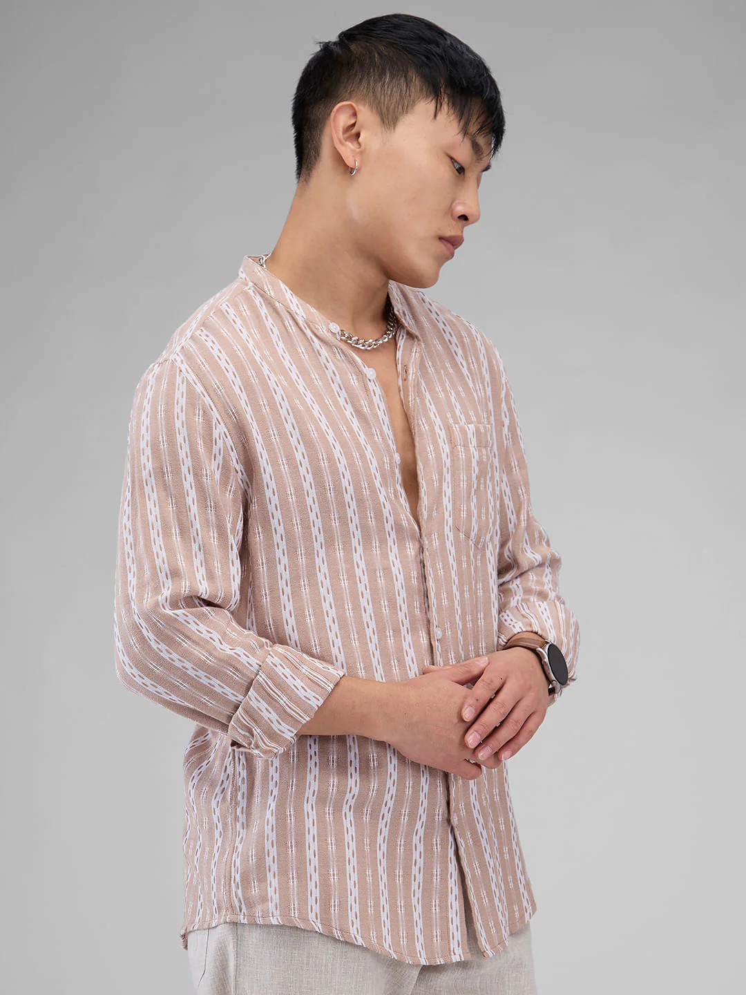 Premium Cotton Vintage Tan Thread Flat-Weave Striped Shirt - Image 5