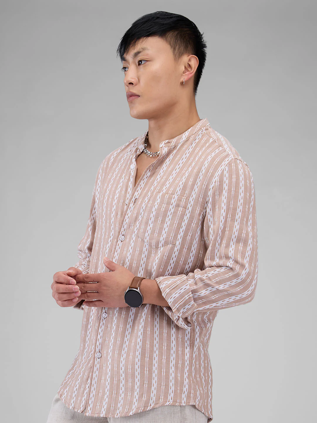 Premium Cotton Vintage Tan Thread Flat-Weave Striped Shirt - Image 6