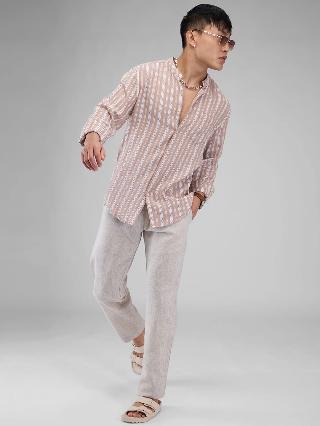 Premium Cotton Vintage Tan Thread Flat-Weave Striped Shirt - Image 8