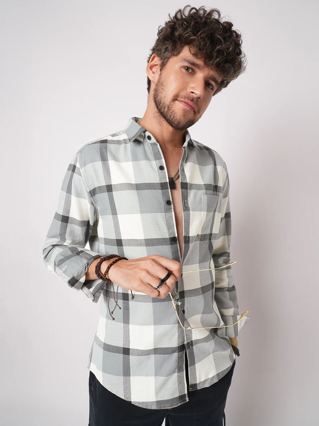 Premium Cotton White & Gradient Grey Minimalist Checks Shirt