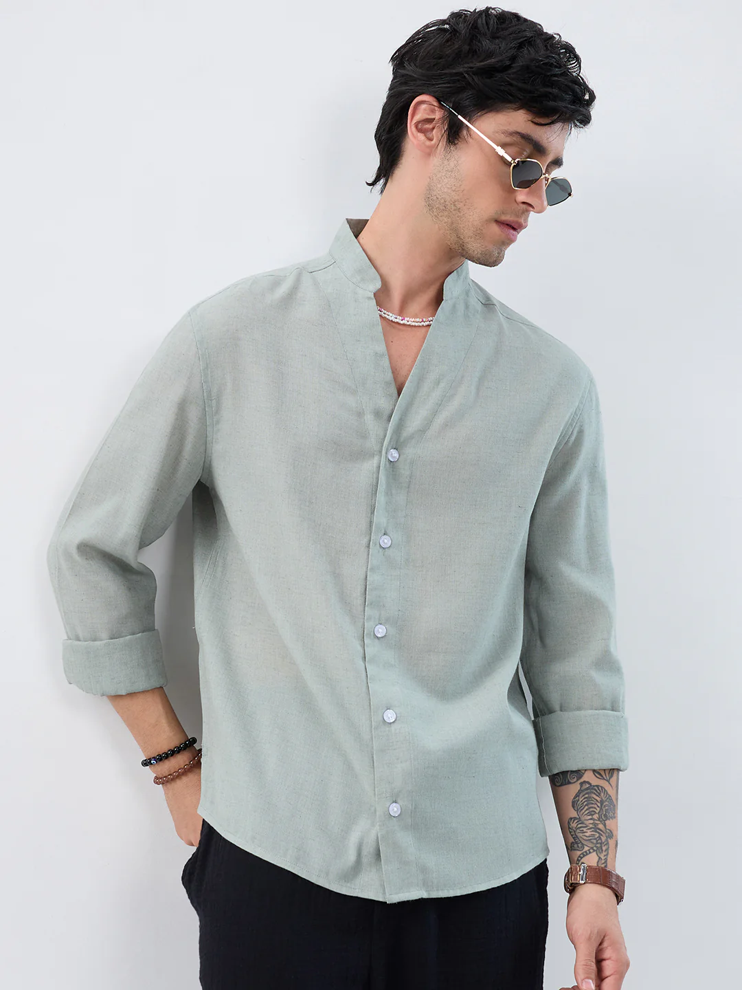 Premium Seafoam Green Linen Blend Stand-Collar Oversized Shirt