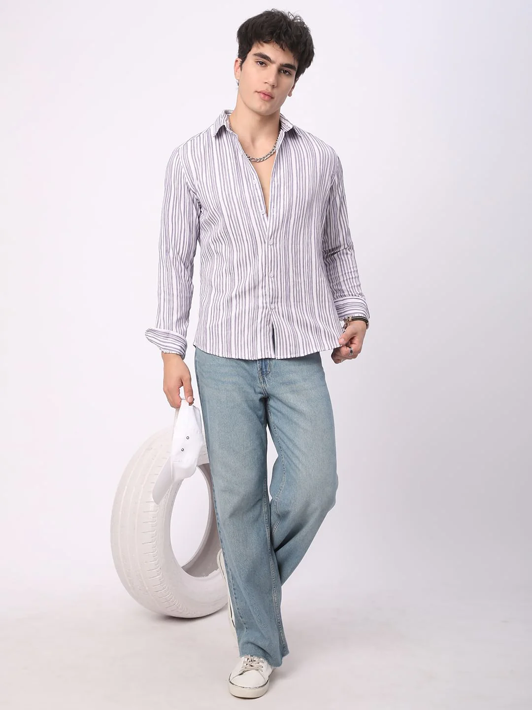 Purple & White Creased Stripe Shirt - Image 8