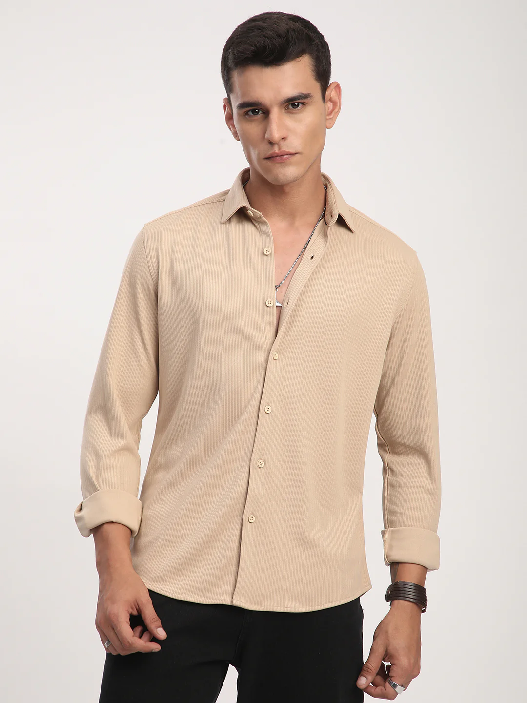 Refined Hairline Stripes Beige Knitted Shirt - Image 5