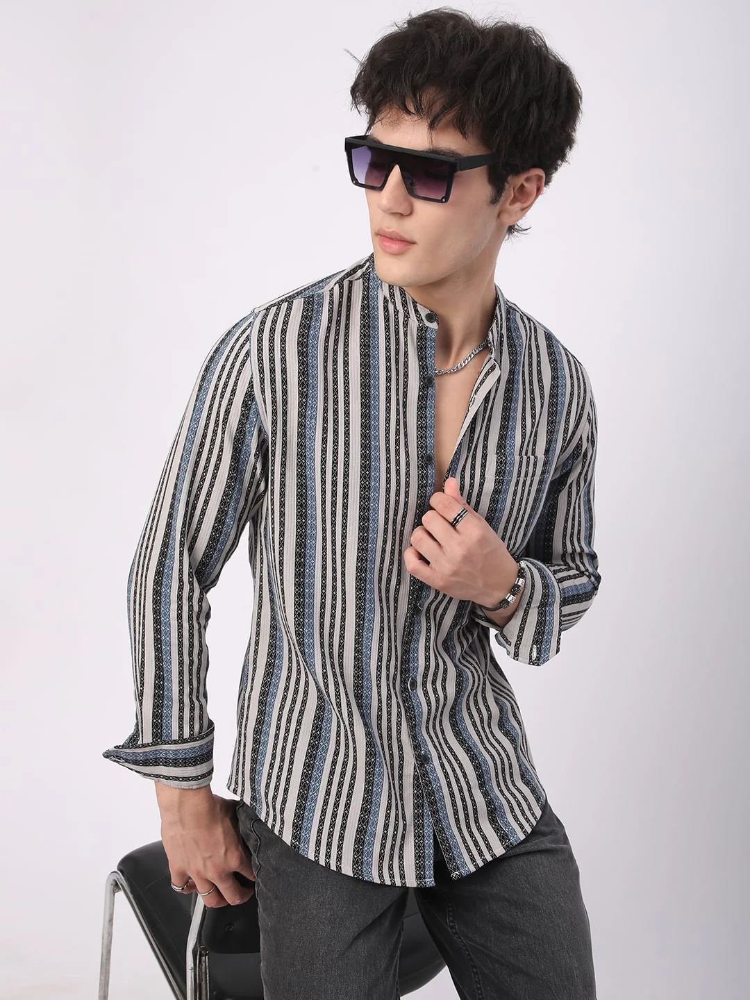 Refined Lozenge Black Striped Mandarin Shirt - Image 2