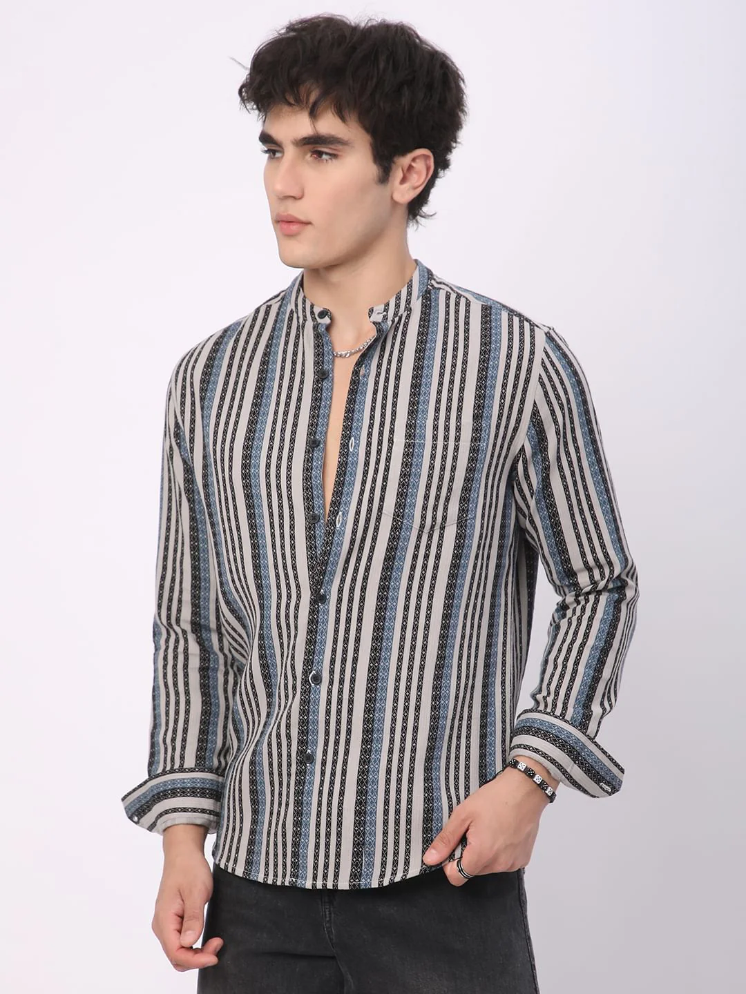 Refined Lozenge Black Striped Mandarin Shirt - Image 5