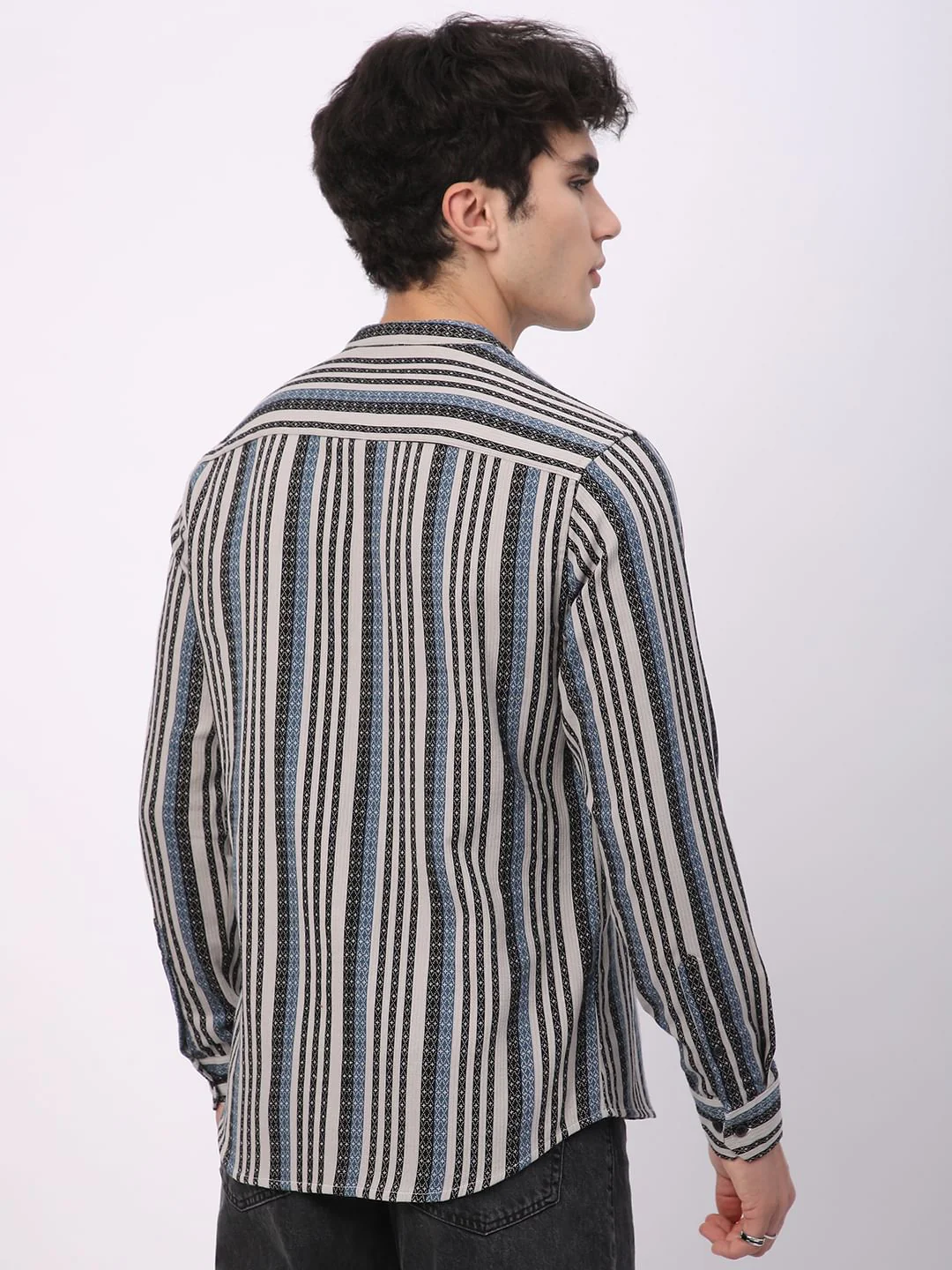 Refined Lozenge Black Striped Mandarin Shirt - Image 6