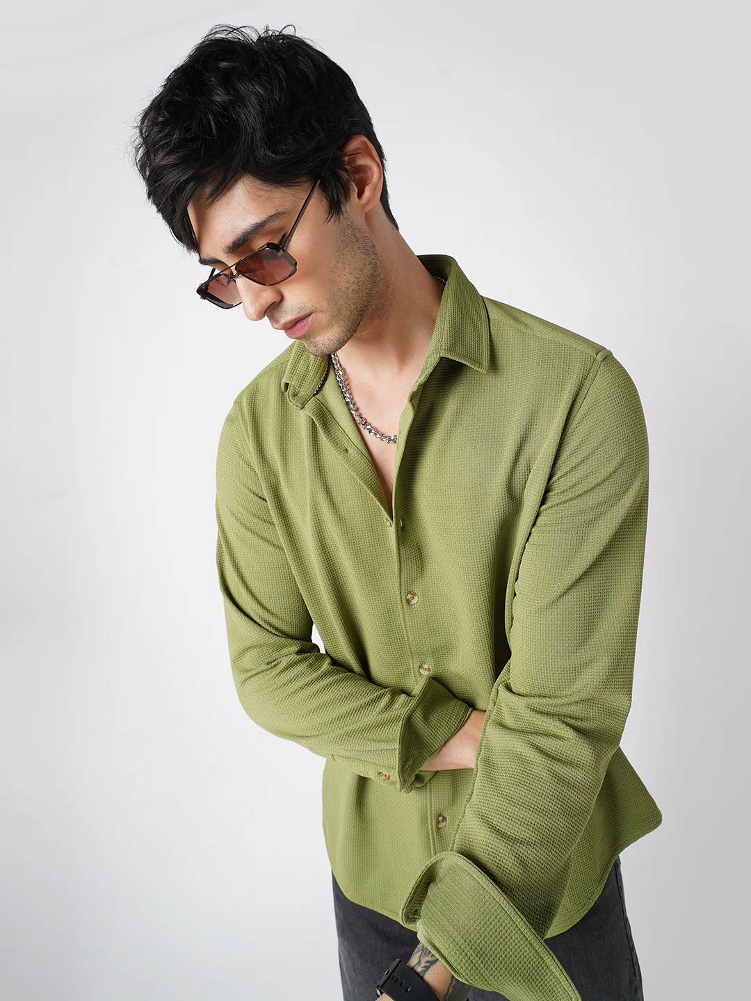 Refined Pear Green Textured Knitted Shirt - Image 4