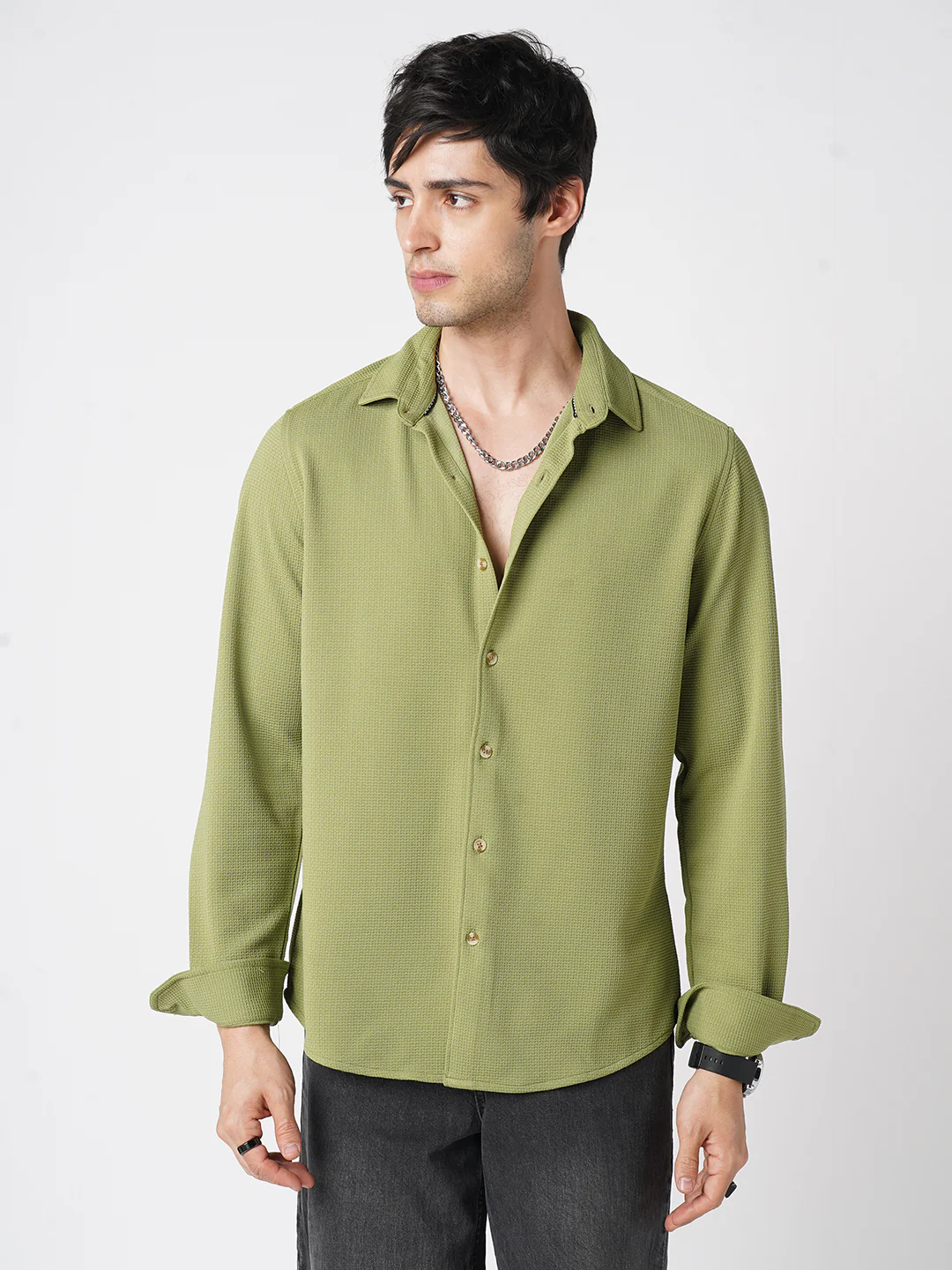 Refined Pear Green Textured Knitted Shirt - Image 5