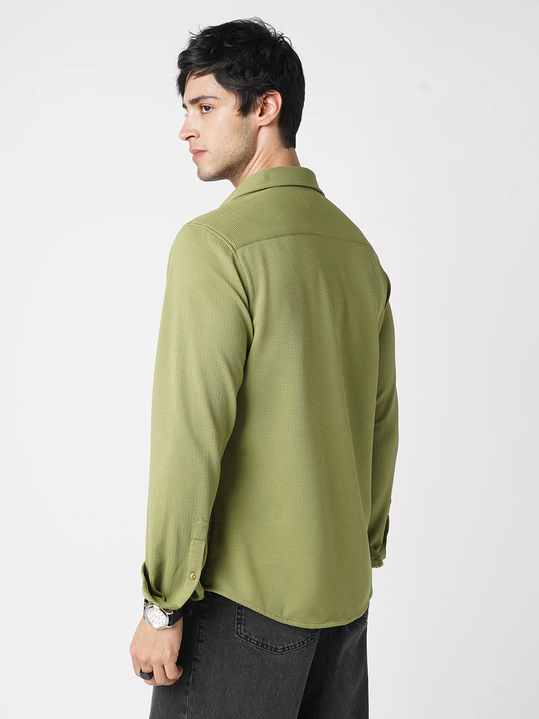 Refined Pear Green Textured Knitted Shirt - Image 7