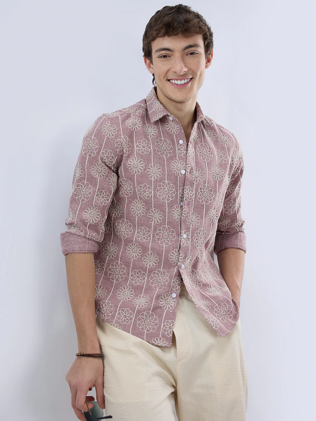 Rouge Pink Floral Embroidered Slub Shirt - Image 2