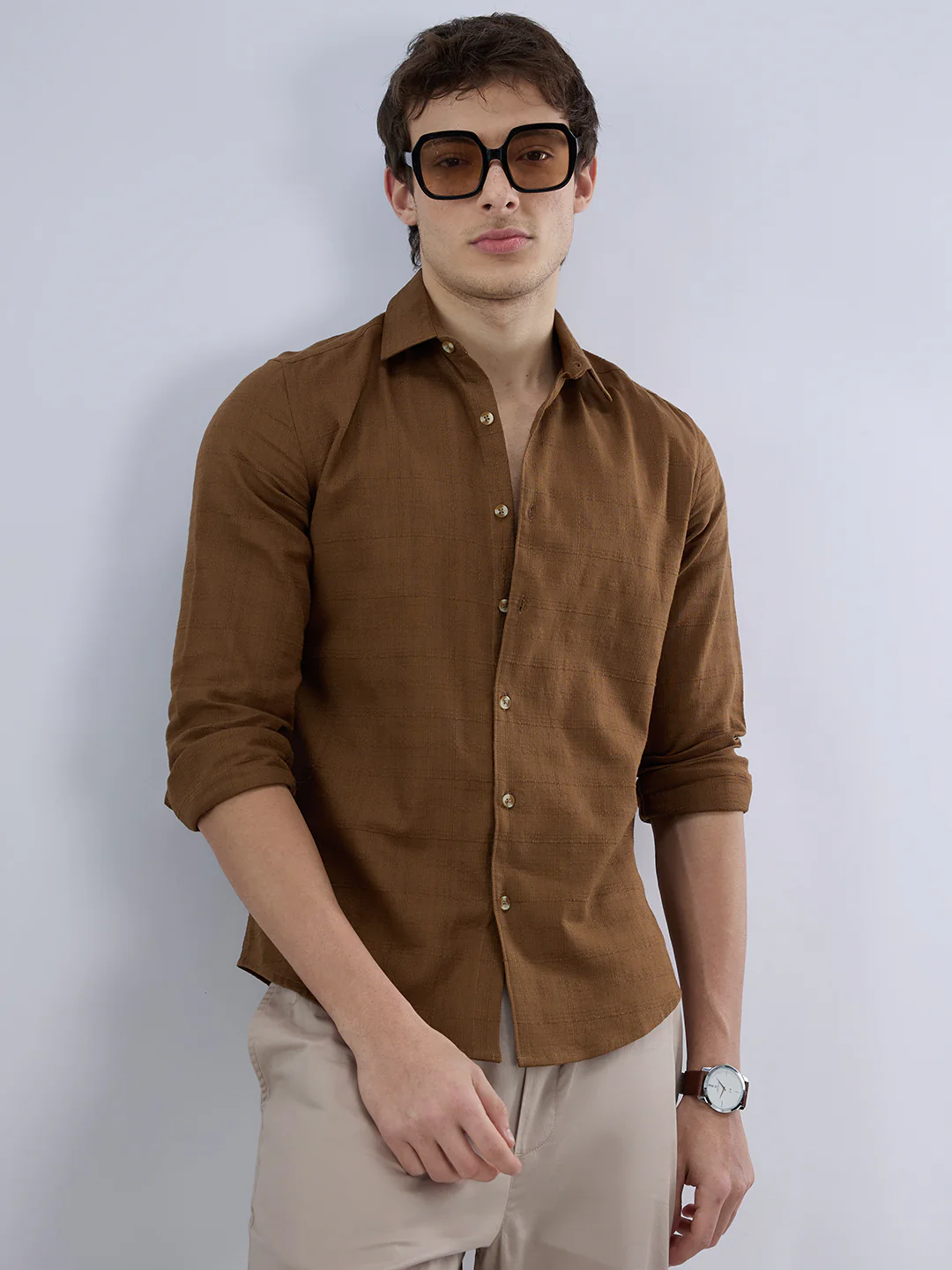 Russet Brown Micro Grid Weave Textured Shirt