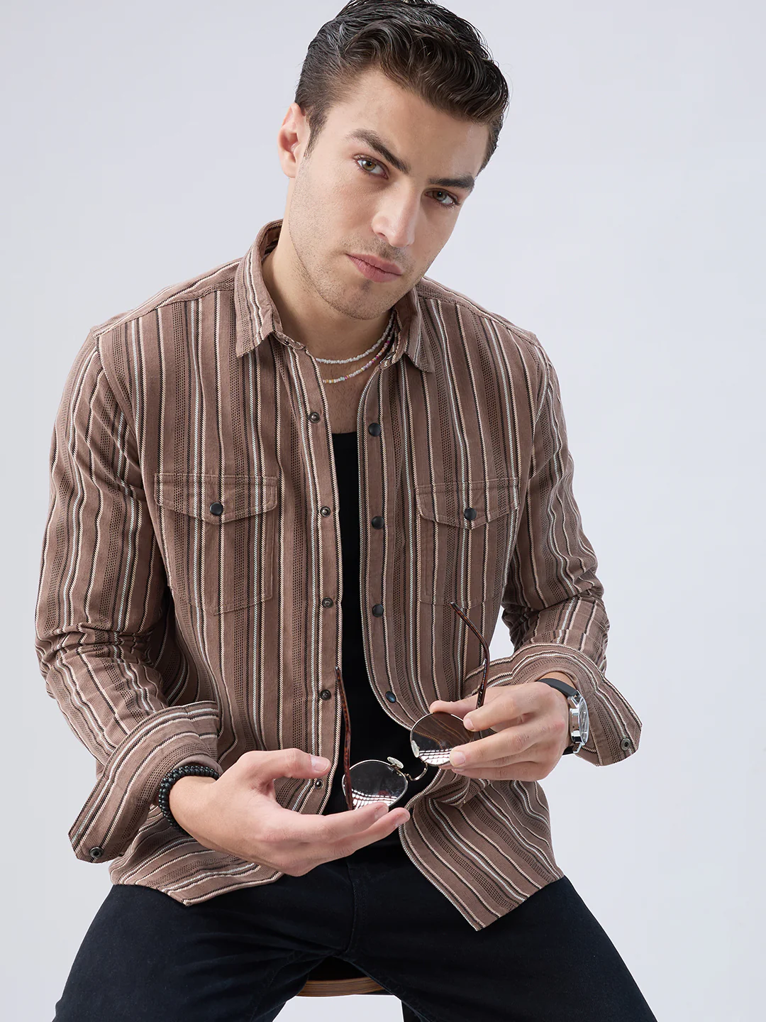 Rustic Bark Brown Multi-Stripe Twin Pocket Corduroy Shirt