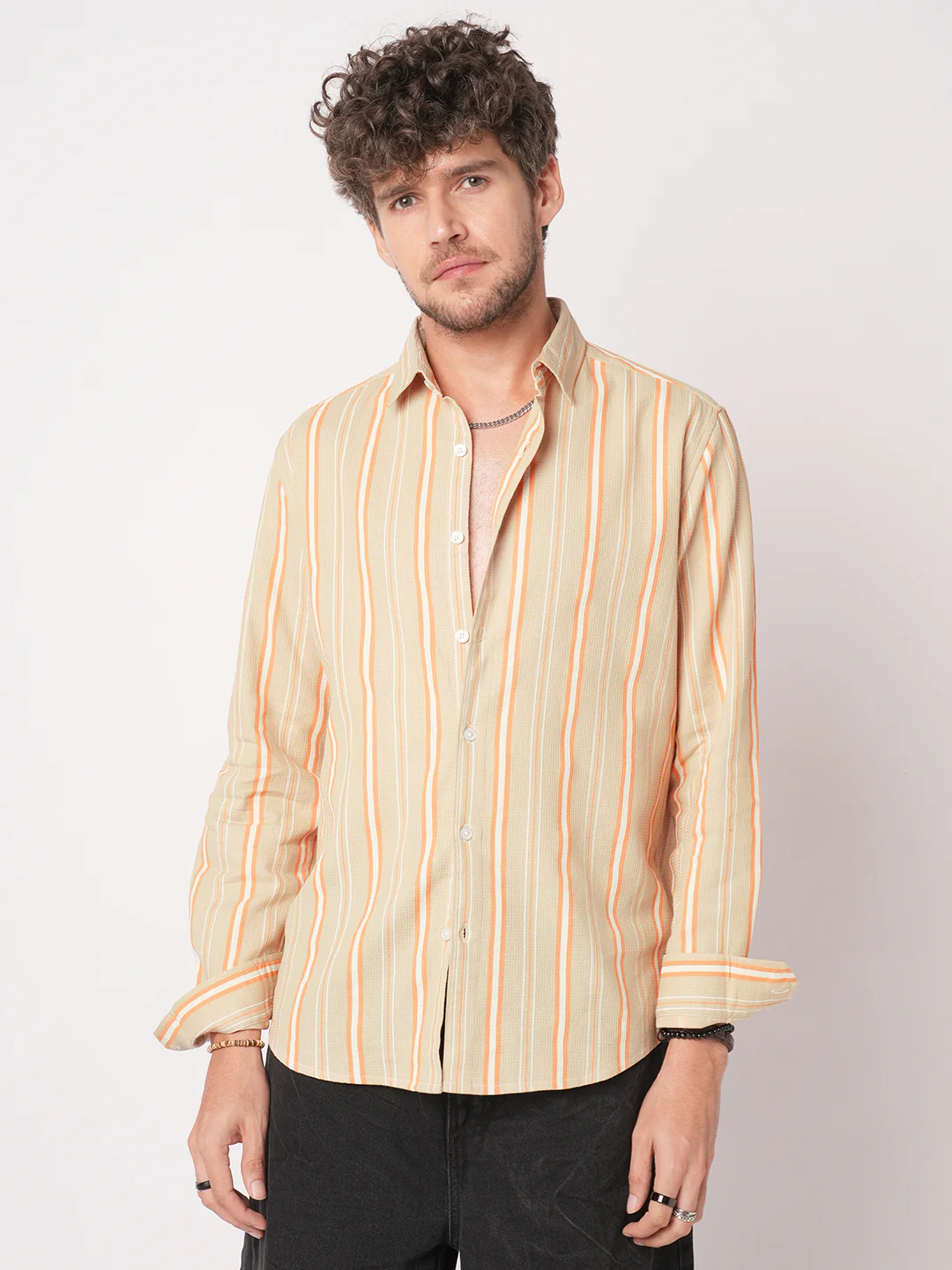 Sand Beige & Orange Striped Waffle Shirt - Image 5