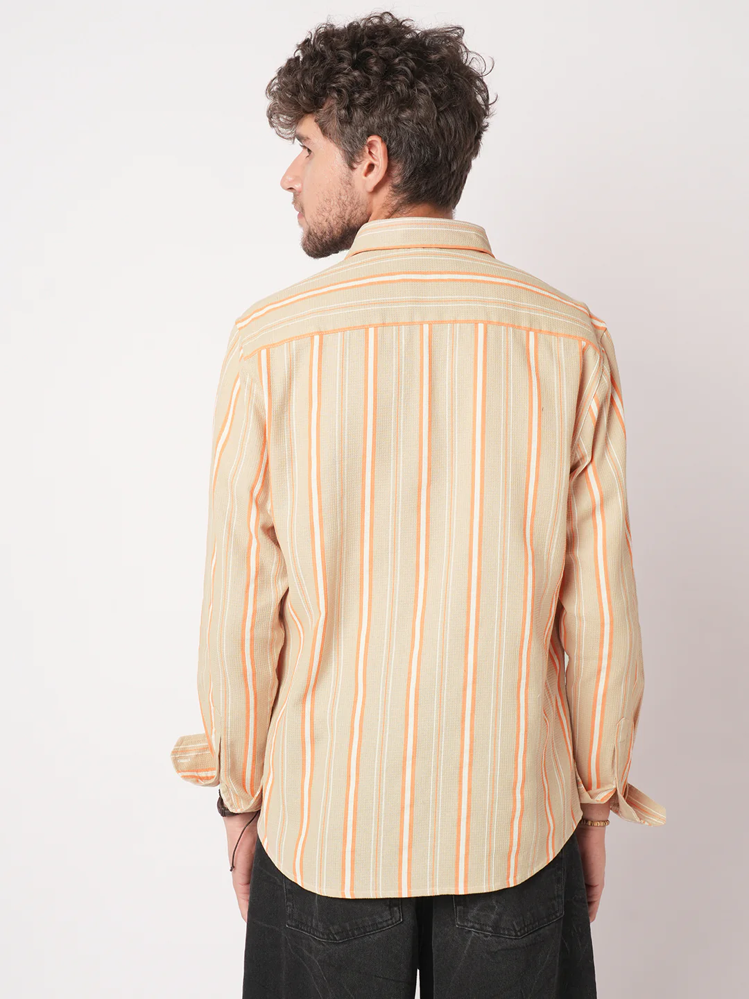 Sand Beige & Orange Striped Waffle Shirt - Image 7