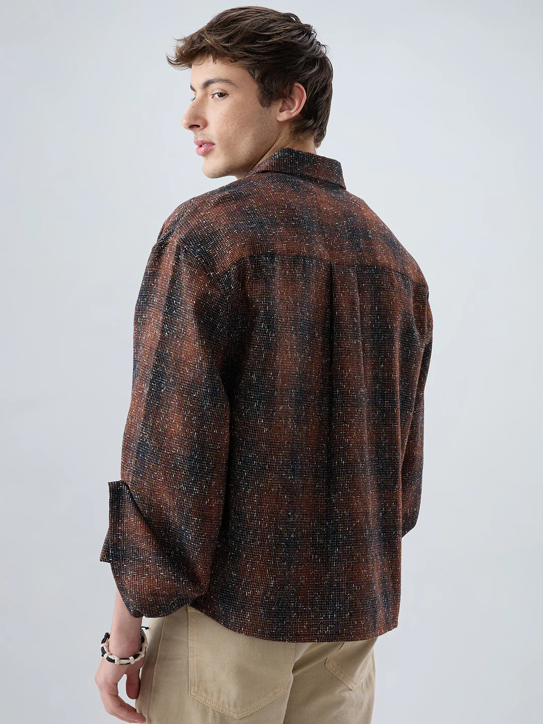 Sanjh Shaam Glossy Brown Textured Cuffless Oversized Crop Shirt - Image 7