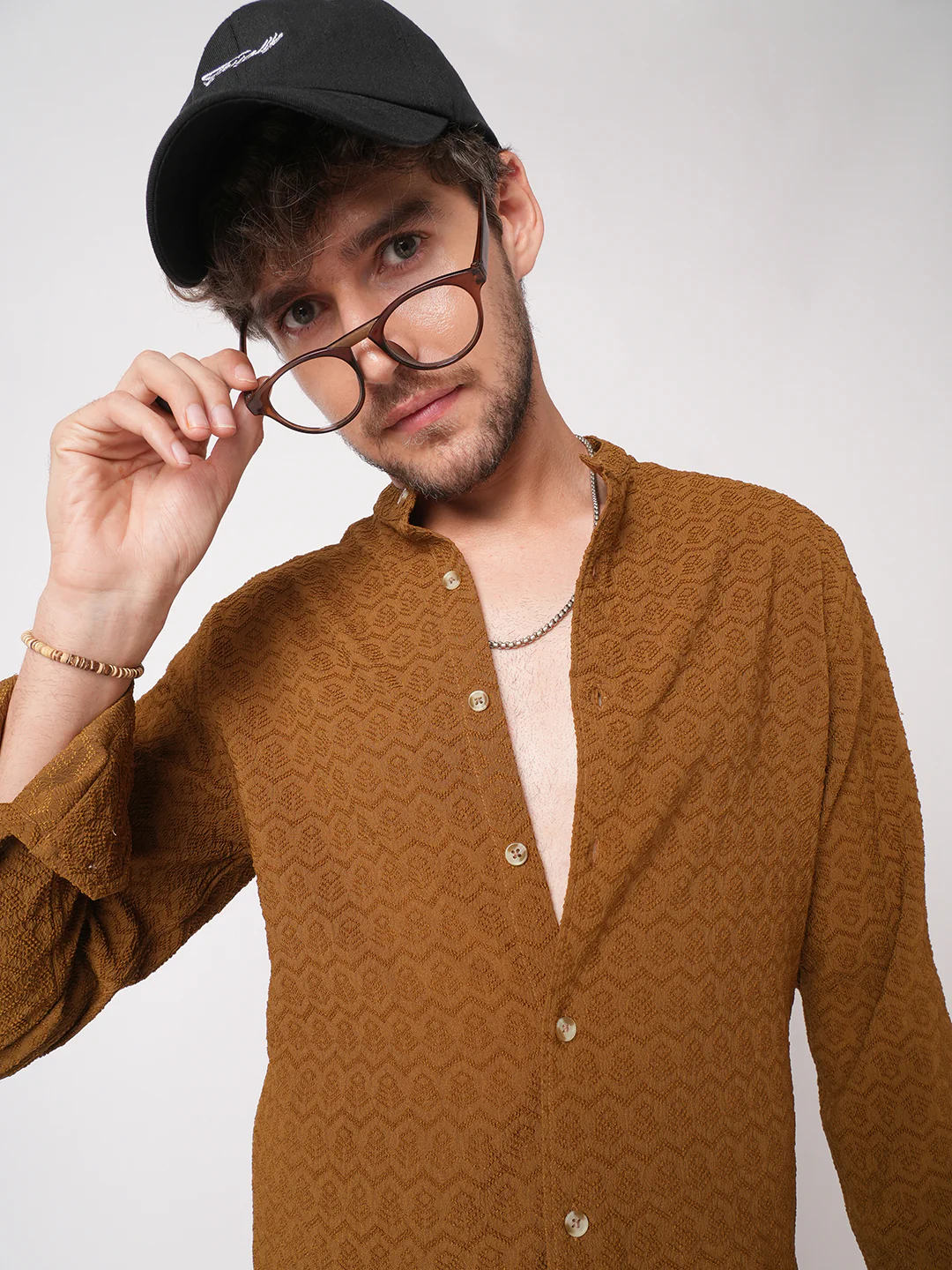 Sepia Brown Textured Mandarin Shirt - Image 2