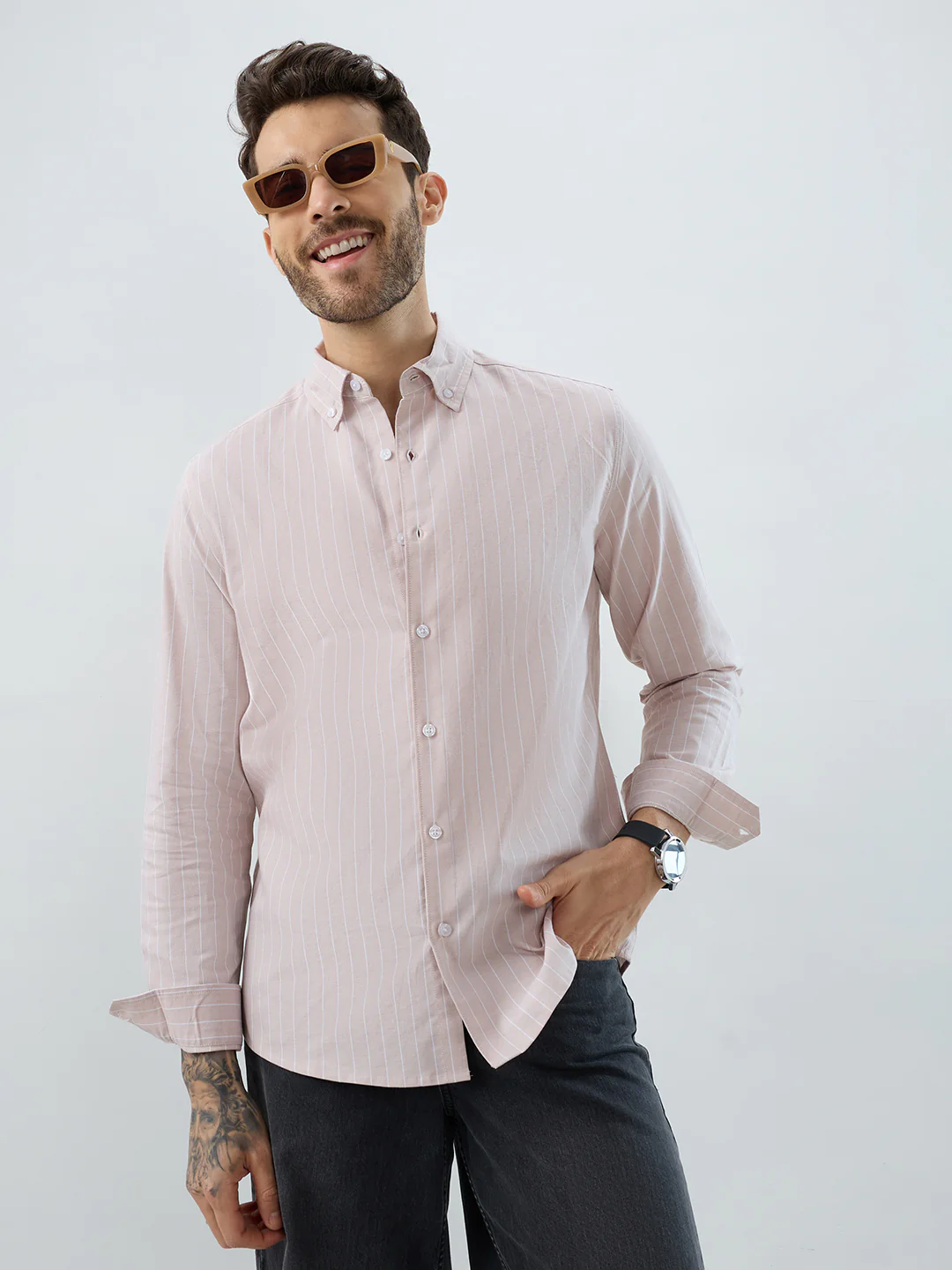 Sharp Beige Refined Pinstripe Oxford Button-Down Business Shirt - Image 4