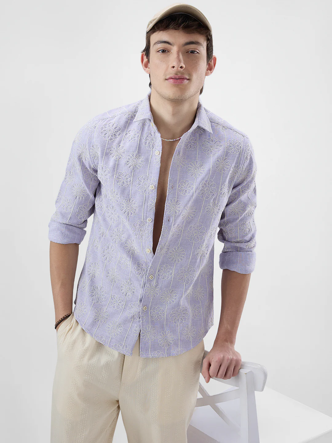 Soft Lilac Floral Embroidered Slub Shirt - Image 4