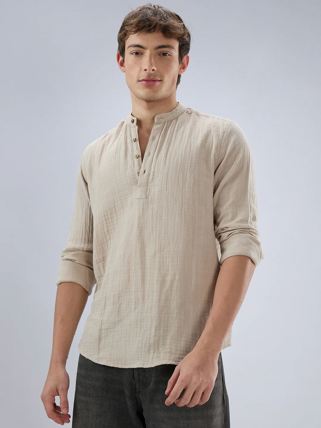 Soft Pastel Beige Double Cloth Kurta - Image 5