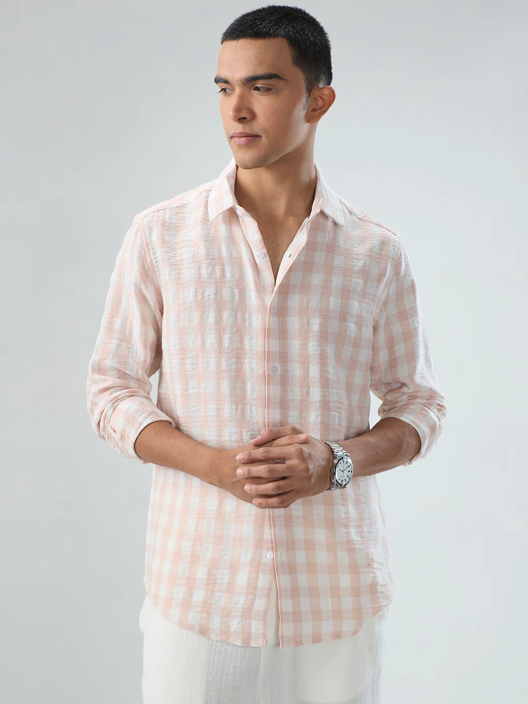 Soft Pastel Peach Box Checks Crinkled Shirt - Image 4