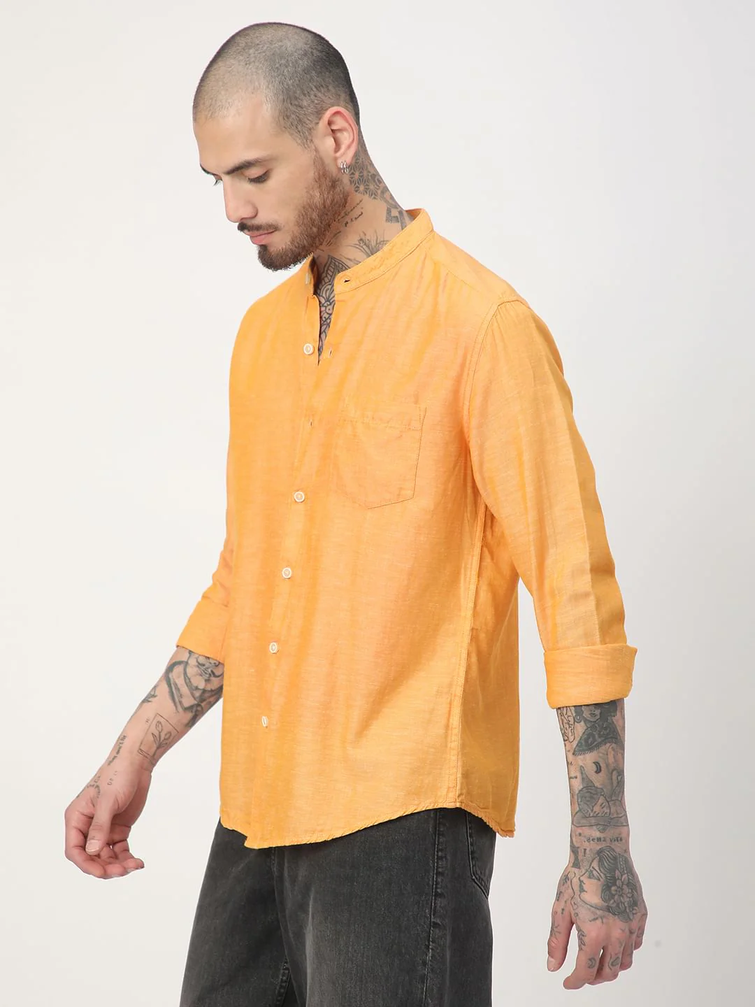 Solid Mustard Mandarin Collar Shirt - Image 6