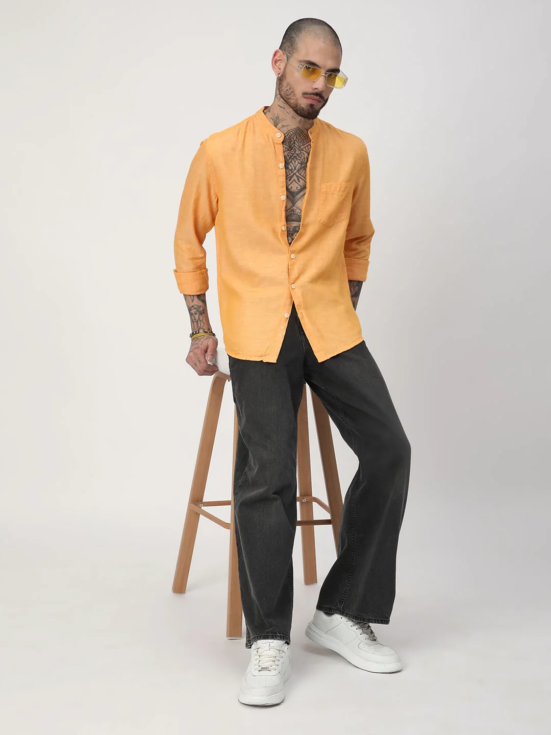 Solid Mustard Mandarin Collar Shirt - Image 8
