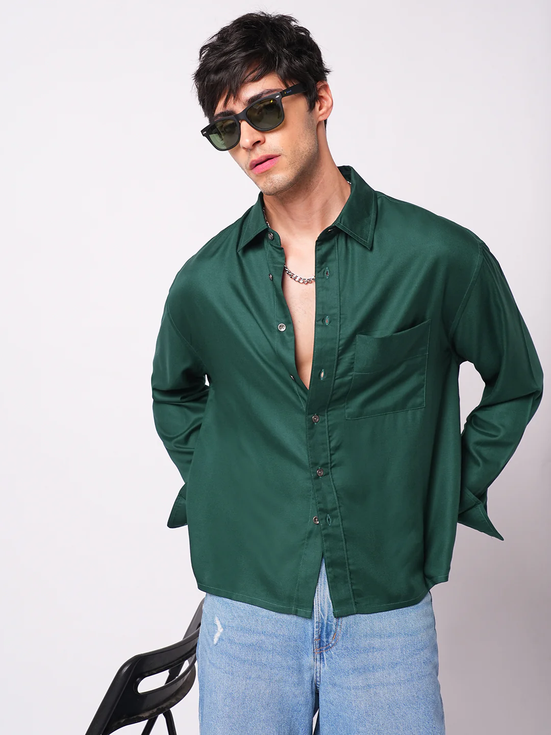 Solid Sacramento Green Boxy Fit Crop Shirt - Image 2