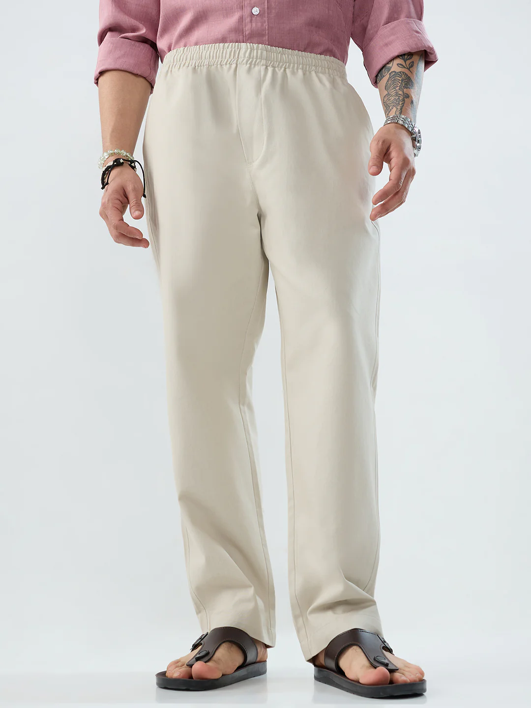 Solid Stone Beige Tapered Trousers - Image 4