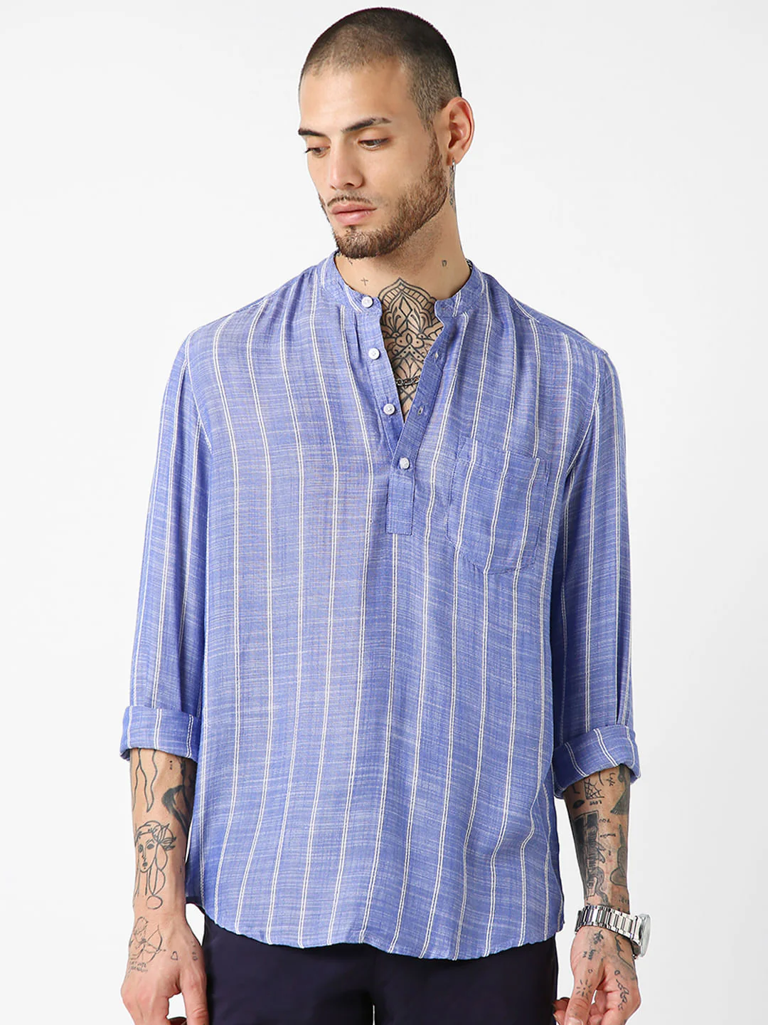 Steel Blue Striped Kurta - Image 5