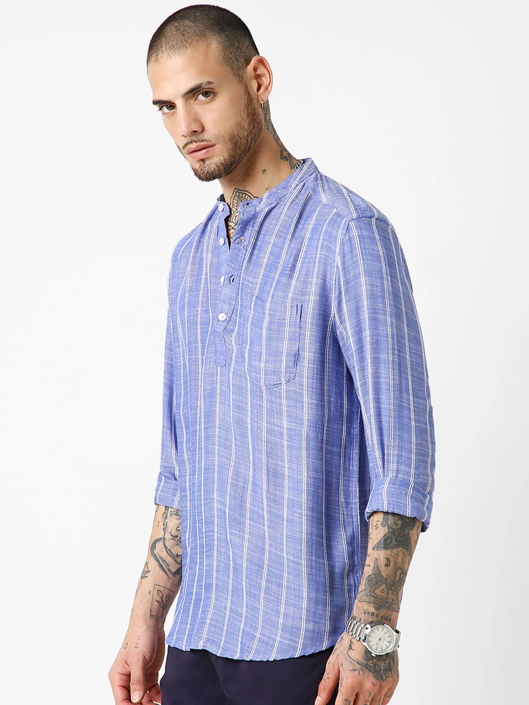 Steel Blue Striped Kurta - Image 6