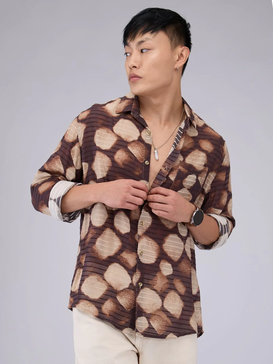 Suave Brown Horizontal Dobby Striped Abstract Printed Shirt - Image 4