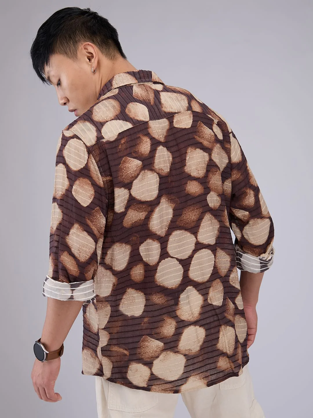 Suave Brown Horizontal Dobby Striped Abstract Printed Shirt - Image 7