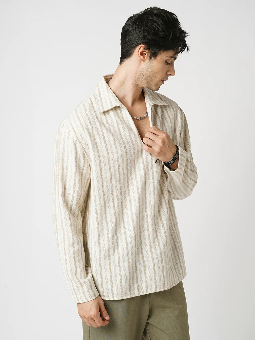 Sunbleached Cream Striped Polo Oversized Shirt - Image 5