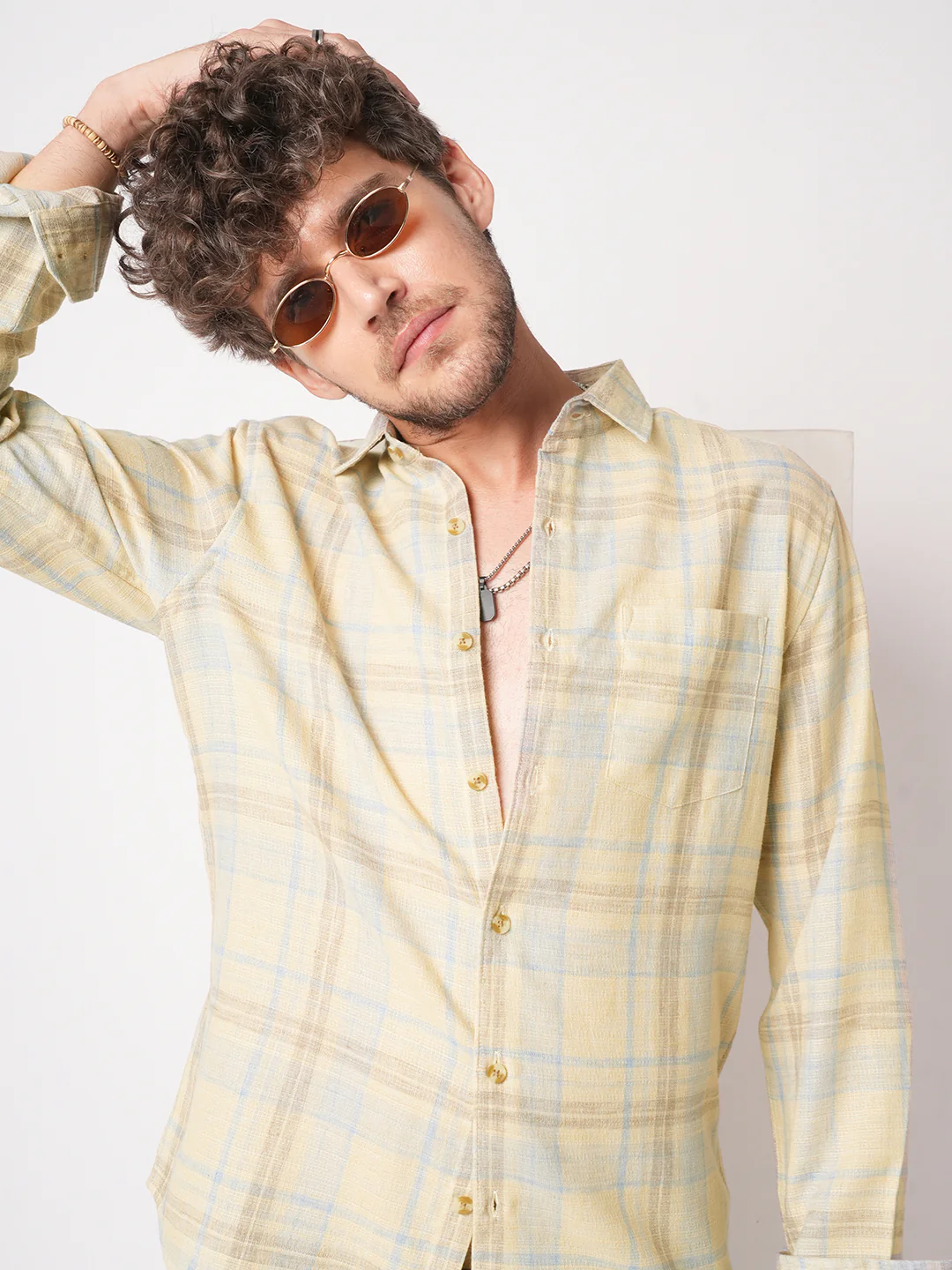 Sunwashed Yellow Linen Blend Grid Shirt