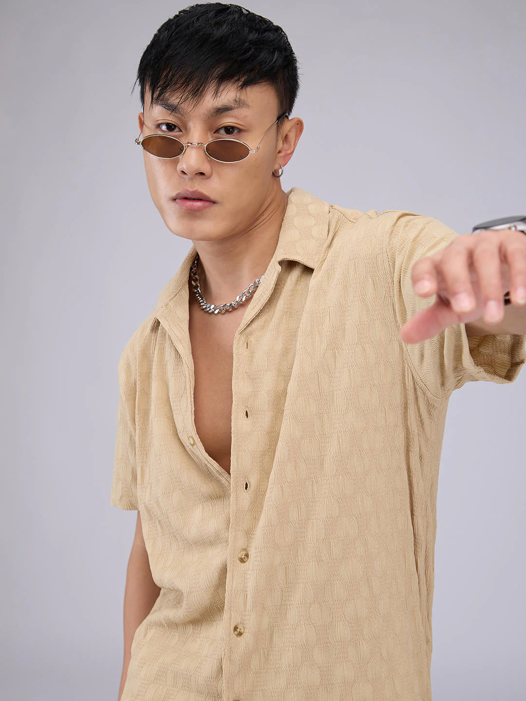 Tan Beige Crepe Textured Oversized Shirt