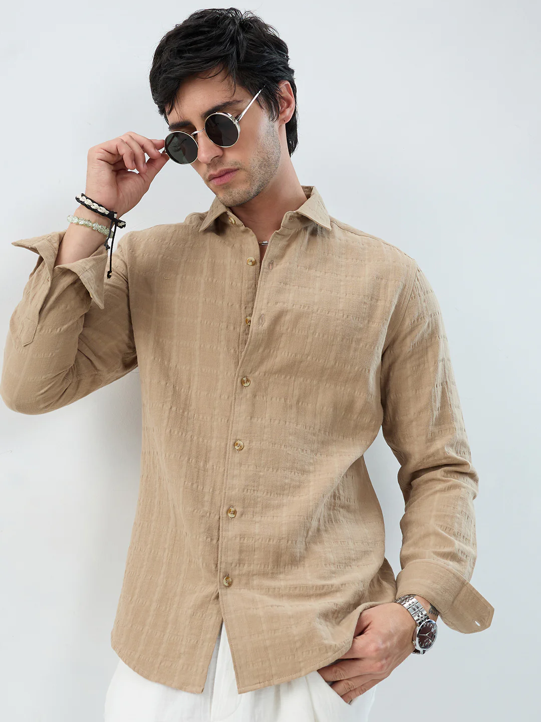 Tan Beige Double Cloth Seersucker Checks Shirt