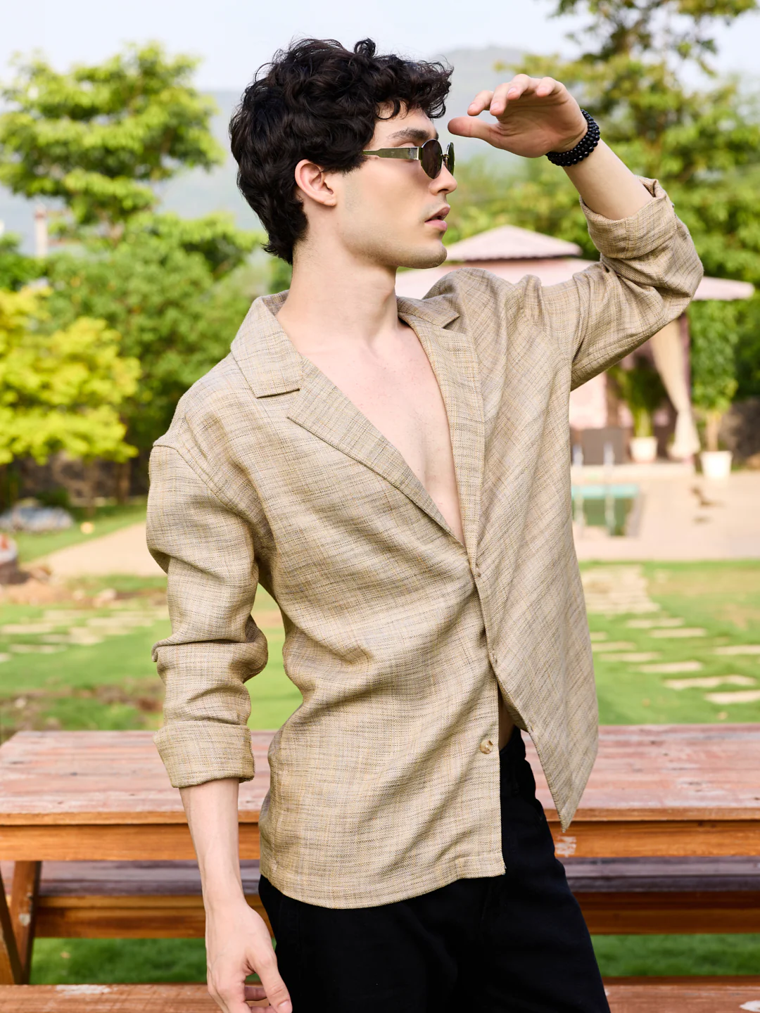 Tan Beige Melange Burlap Oversized Notched Lapel Collar Shirt - Image 5