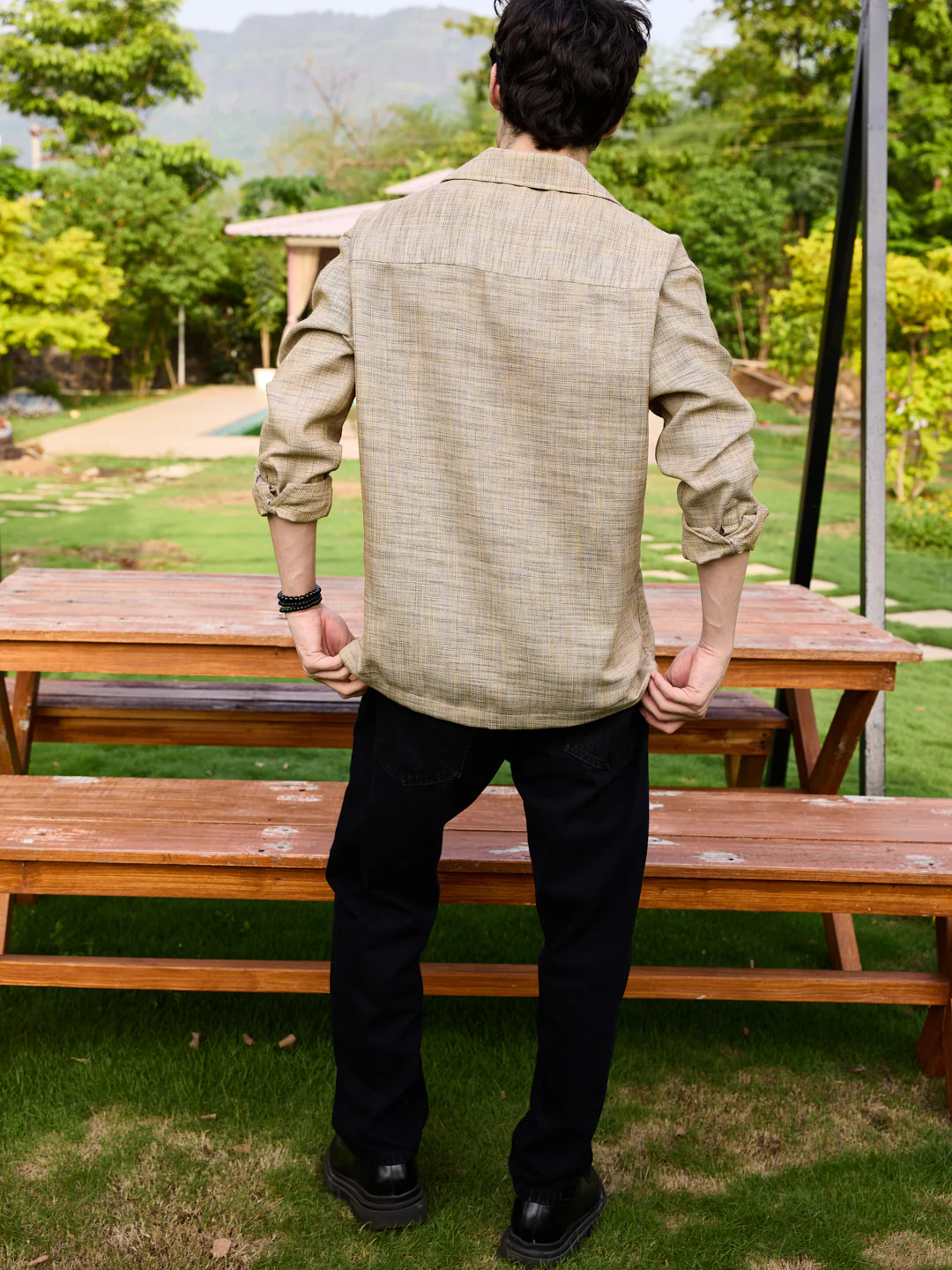 Tan Beige Melange Burlap Oversized Notched Lapel Collar Shirt - Image 6