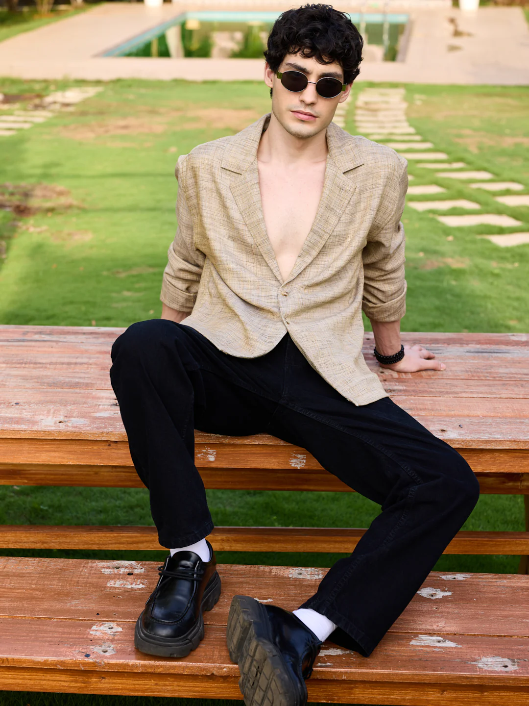 Tan Beige Melange Burlap Oversized Notched Lapel Collar Shirt - Image 7
