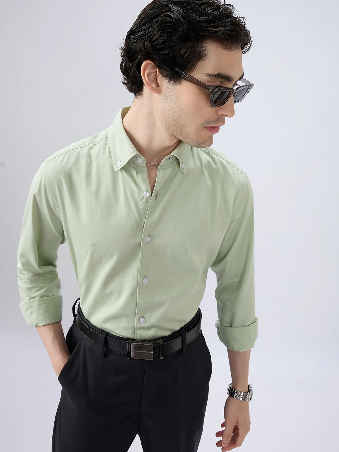 Tea Green Button-Down Collar Satin Shirt - Image 2