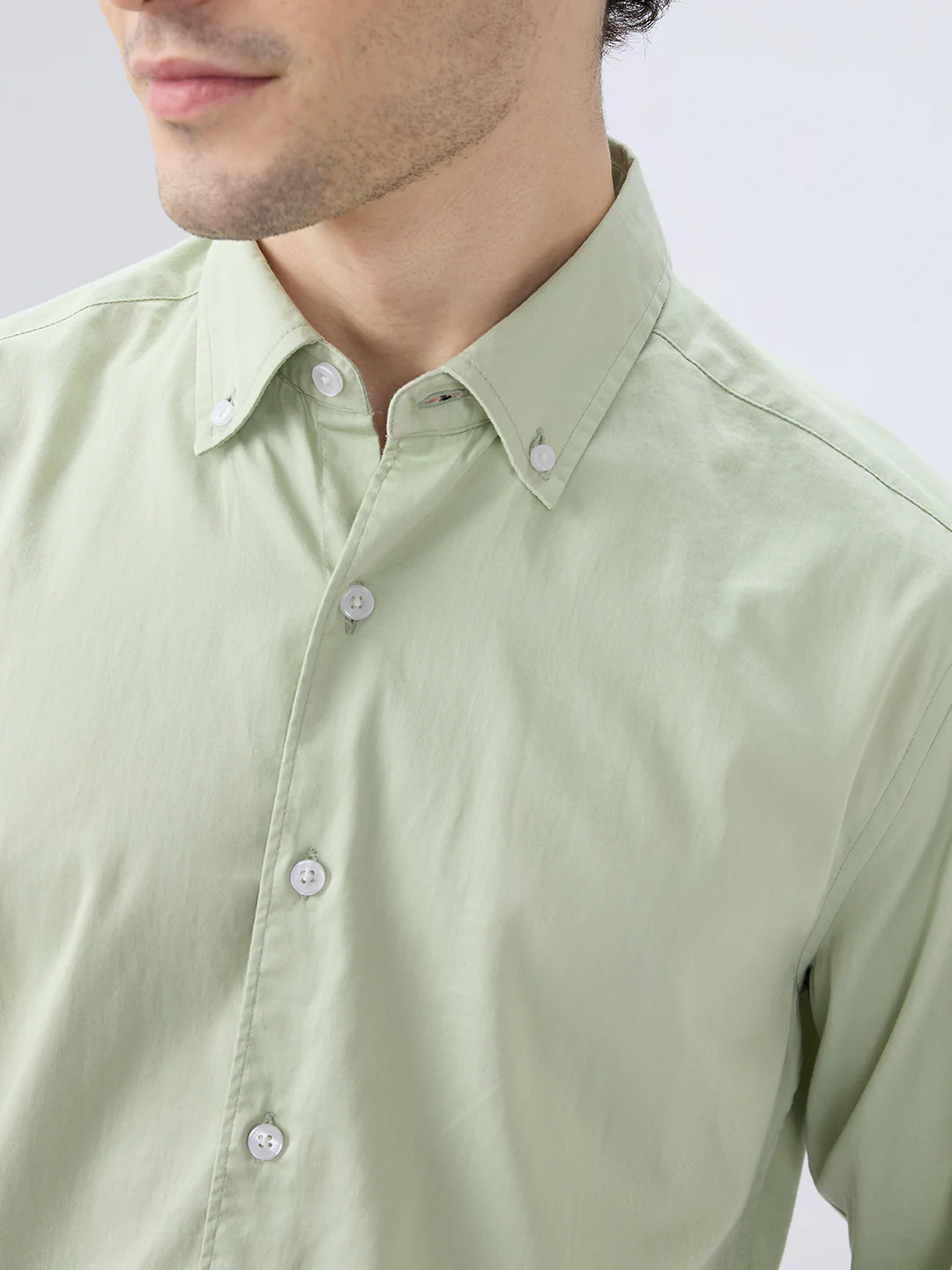 Tea Green Button-Down Collar Satin Shirt - Image 3