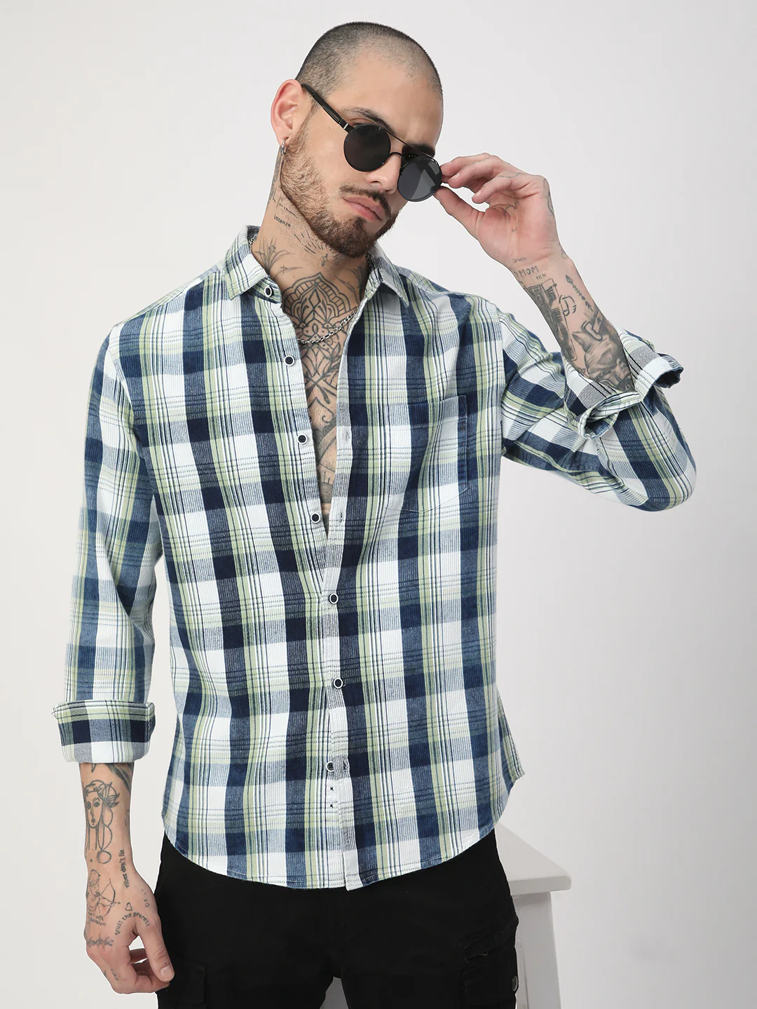 Denim Tea Green & Navy Plaid Checks Shirt